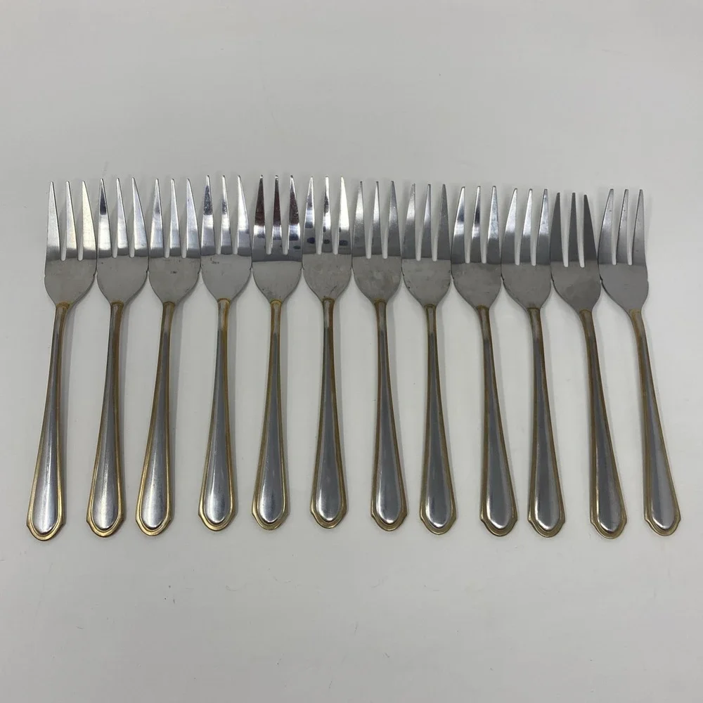 Set of 12 Hampton Silversmiths HSV198 Stainless Cocktail Seafood Forks Gold Trim